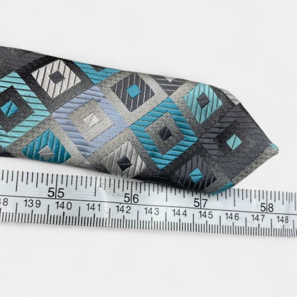 Croft & Barrow Tie Turquoise Silver Geometric Checker Formal Professional - Picture 5 of 6
